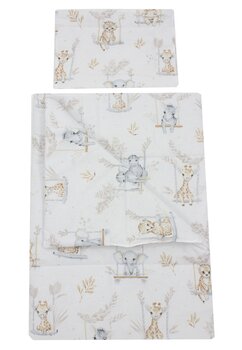 Lenjerie 2 piese, bumbac, Animalute pe leagan, crem, 120x60 cm