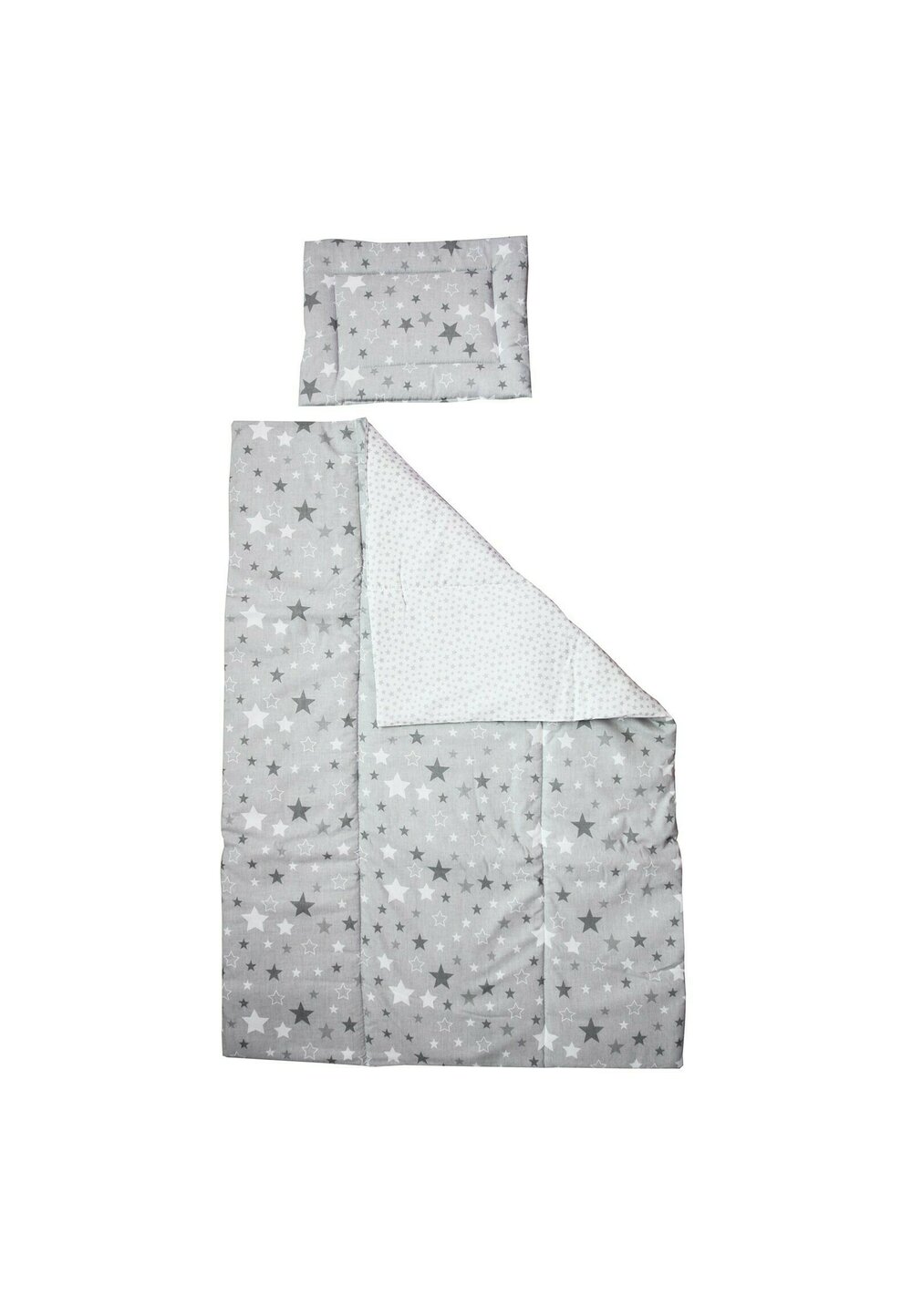 Lenjerie 2 piese, Prichindel, gri cu stelute si verso alb cu stelute gri,120x60cm