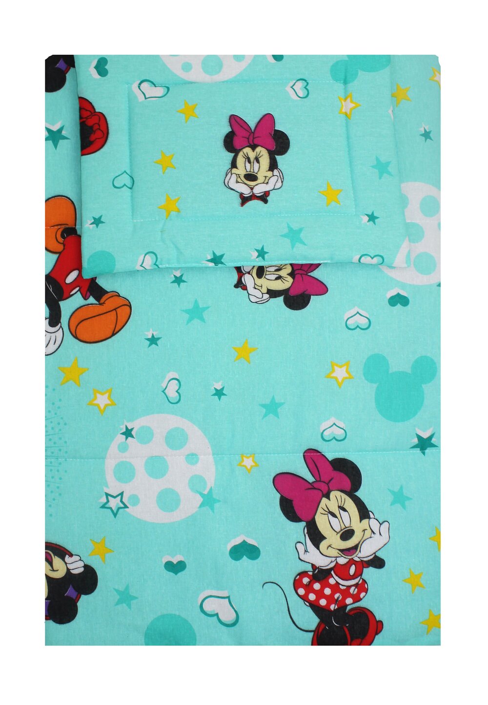 Lenjerie 3 piese, Minnie si Mickey, turcoaz cu stelute, 120x60cm