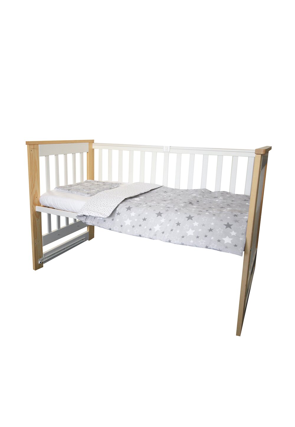 Lenjerie 3 piese, Prichindel, gri cu stelute si verso alb cu stelute gri,120x60cm