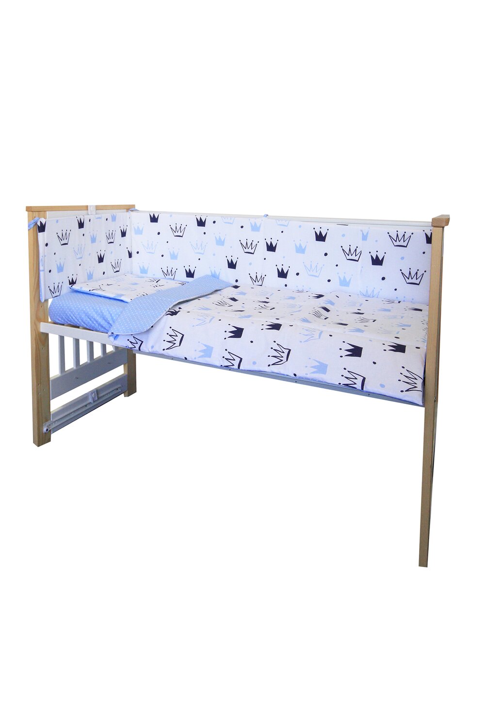 Lenjerie 4 piese, Prichindel, coronite si buline, albastru,120x60cm