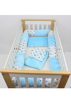 Lenjerie 5 piese, minky, cu bumper, Ancore, turcoaz, 120 x 60 cm