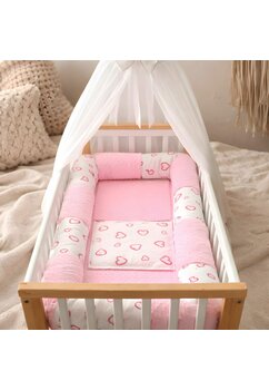 Lenjerie 5 piese, minky cu bumper, Inimioare mari, 120 x 60 cm, roz deschis