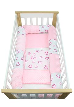 Lenjerie 5 piese, minky cu bumper, Inimioare mari, 120 x 60 cm, roz deschis