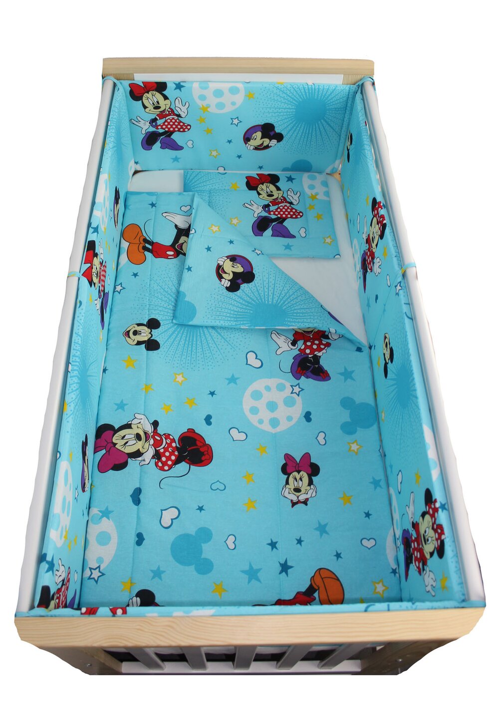 Lenjerie 5 piese, Minnie si Mickey, albastra cu stelute, 120x60cm