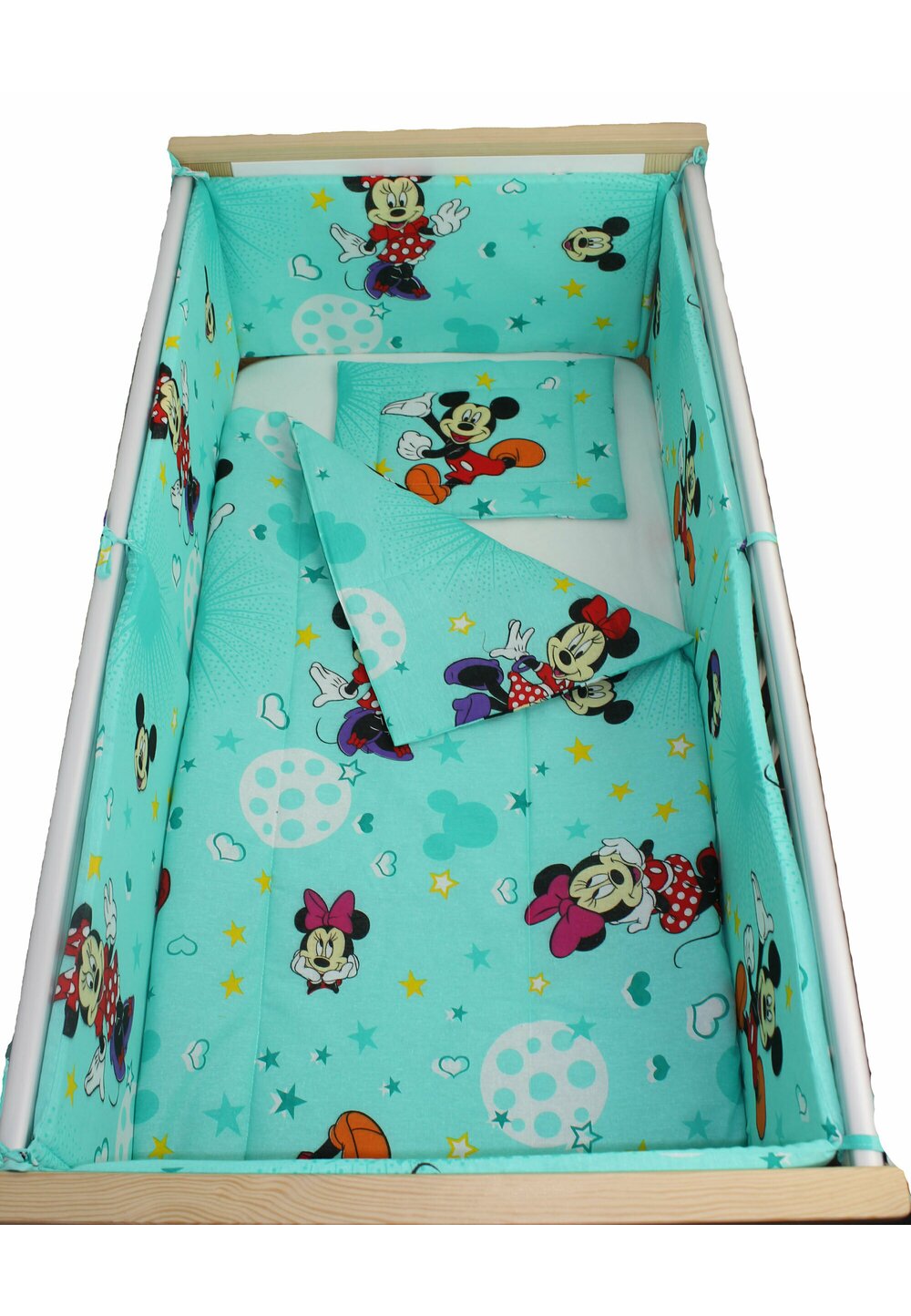 Lenjerie 5 piese, Minnie si Mickey, turcoaz cu stelute, 120x60cm