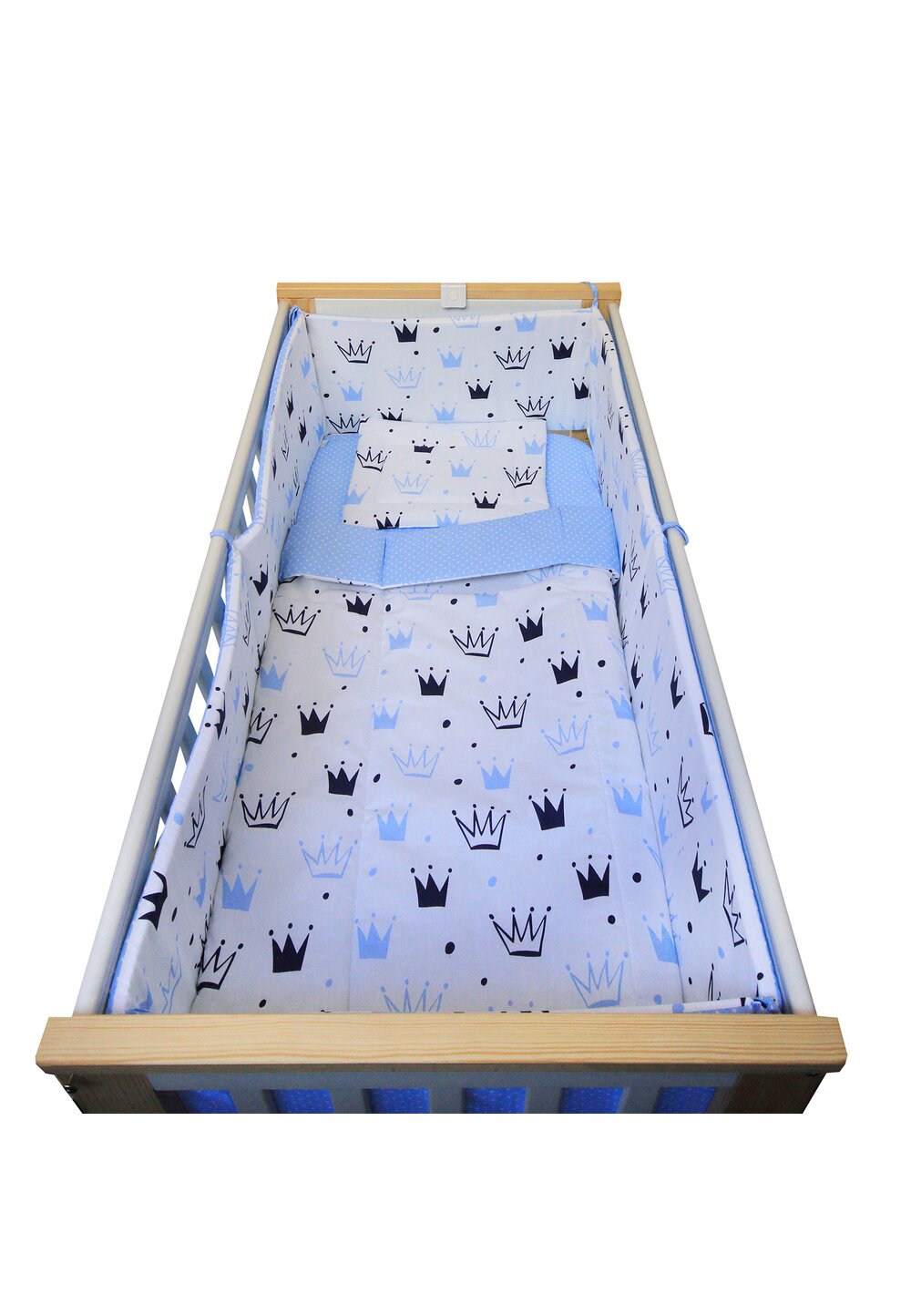 Lenjerie 5 piese, Prichindel, coronite si buline, albastru,140x70cm