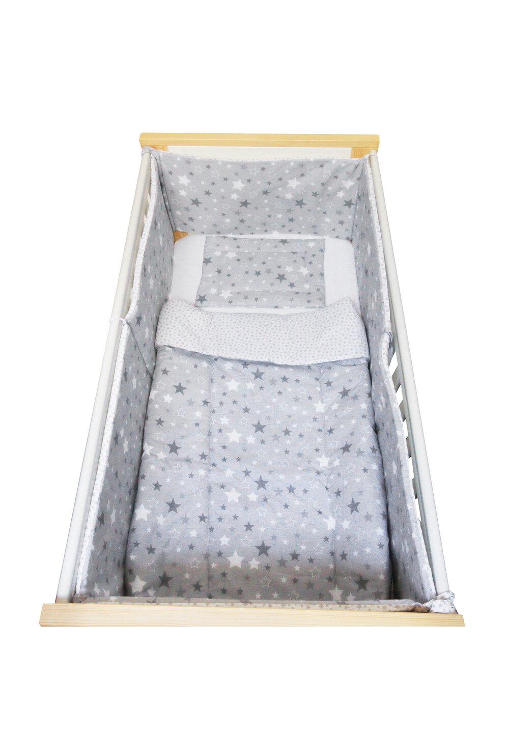 Lenjerie 5 piese, Prichindel, gri cu stelute si verso alb cu stelute gri,140x70cm