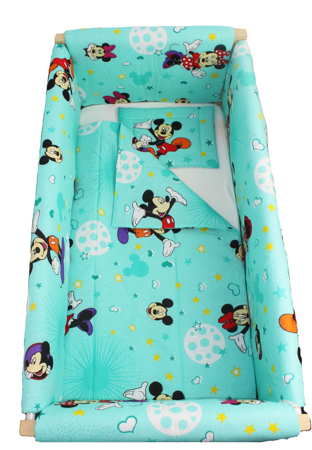 Lenjerie 7 piese, Maxi, Minnie si Mickey, turcoaz cu stelute, 120x60cm
