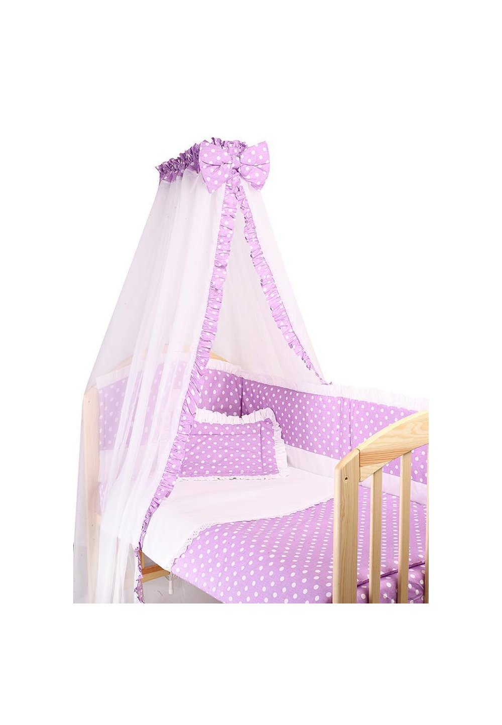 Lenjerie cu baldachin, 6 piese, mov cu buline albe, 120x60 cm
