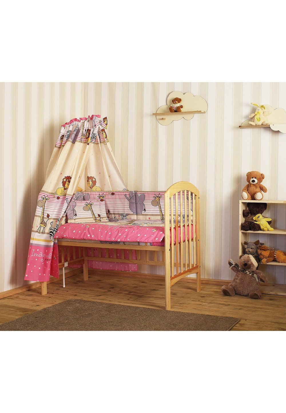 Lenjerie cu baldachin, 6 piese, Safari roz, 120x60cm