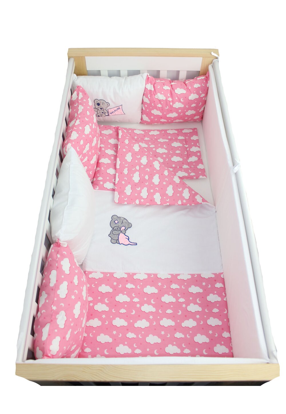 Lenjerie cu perne, 9 piese, norisori si stelute roz, 120x60cm