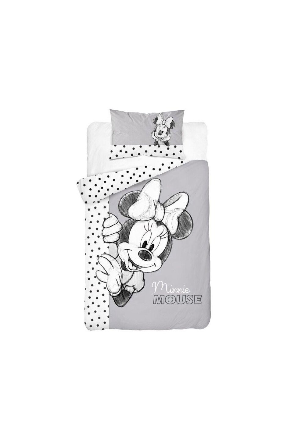 Lenjerie pat, Minnie Mouse, gri cu buline negre, 100x135 cm