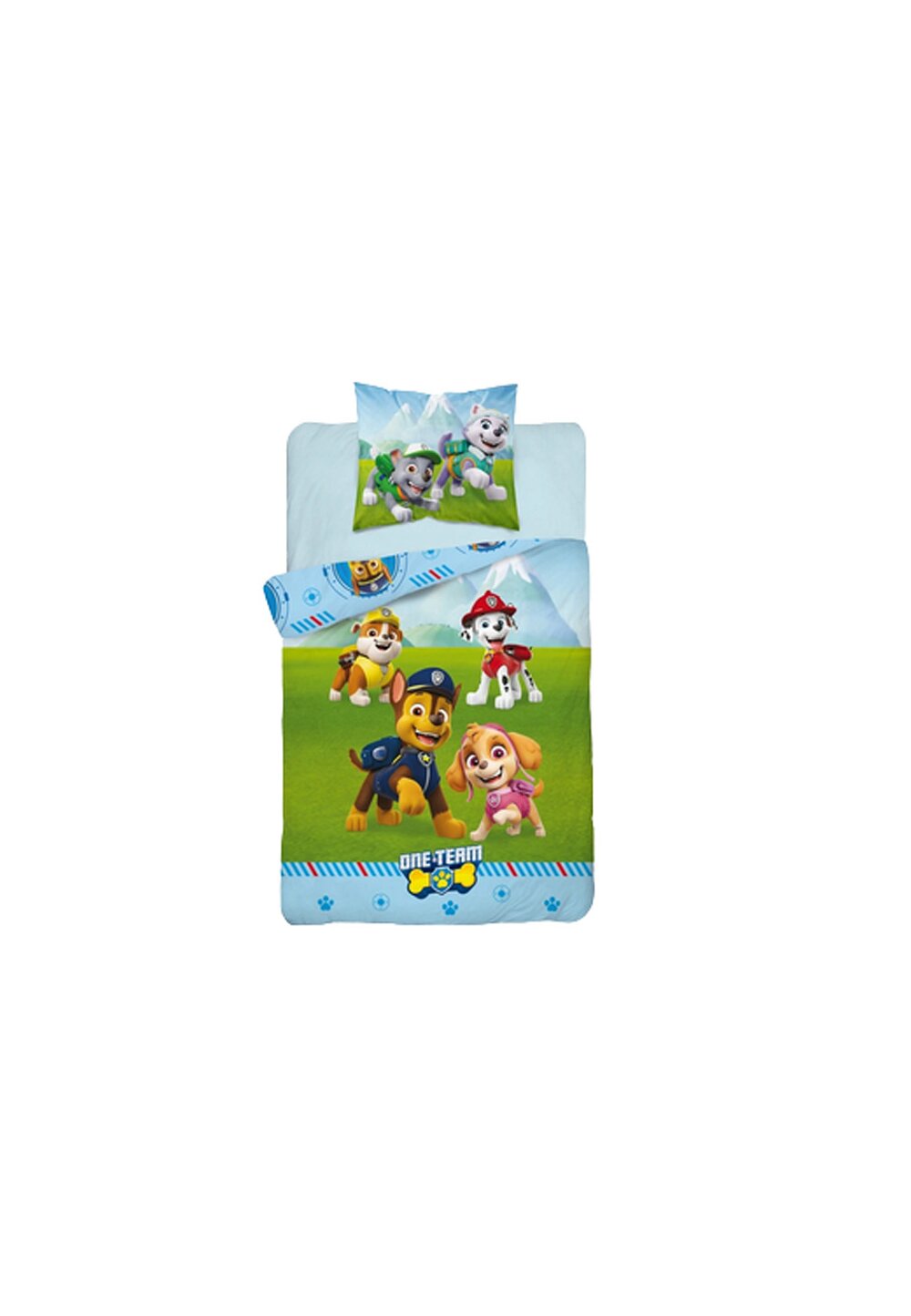 Lenjerie pat, Paw Patrol, One Team, verde cu albastru, 140x200 cm