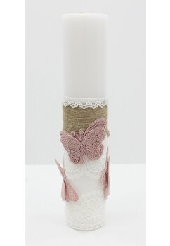 Lumanare botez clasica, Butterfly, alb cu roz, 30cm