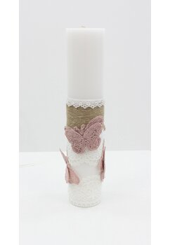 Lumanare botez clasica, Butterfly, alb cu roz, 30cm