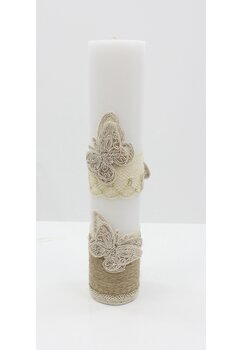 Lumanare botez, Butterfly, din ceara naturala, crem cu alb, 30cm