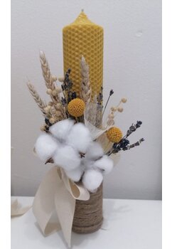 Lumanare botez, cu flori de bumbac, nemuritoare, din ceara naturala, galben, 30cm