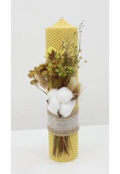 Lumanare botez, cu flori de bumbac, nemuritoare, din ceara naturala, galben, 30cm