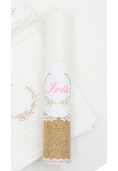 Lumanare botez, din ceara naturala, personalizata, coronita crem cu roz, 35cm