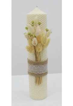 Lumanare botez, din ceara naturala, tip fagure, cu dantela, ivory, 30cm
