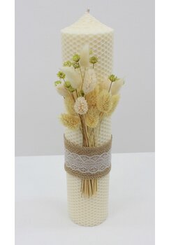 Lumanare botez, din ceara naturala, tip fagure, cu dantela, ivory, 30cm