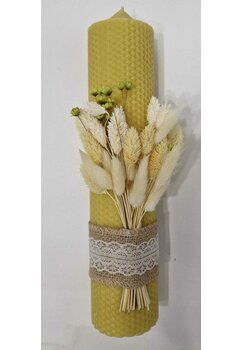 Lumanare botez, din ceara naturala, tip fagure, cu dantela, ivory, 30cm