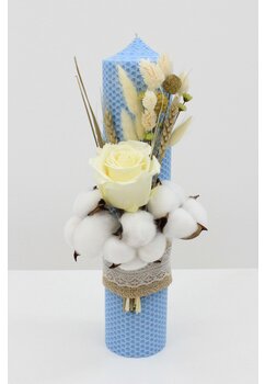 Lumanare botez, nemuritoare, din ceara naturala, cu  flori de bumbac, albastru, 30cm