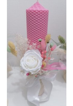 Lumanare botez, nemuritoare, din ceara naturala, cu trandafir, roz, 30cm