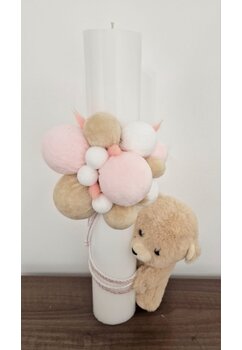 Lumanare botez, nemuritoare, Teddy cu baloane roz, 35  cm, alb