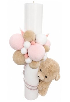 Lumanare botez, nemuritoare, Teddy cu baloane roz, 35  cm, alb