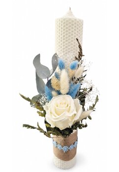 Lumanare botez, tip fagure, din ceara naturala, Criss,cu flori criogenate, ivory, 35 cm