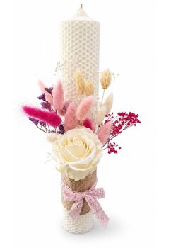 Lumanare botez, tip fagure, din ceara naturala, cu flori criogenate, ivory, 35 cm