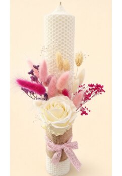 Lumanare botez, tip fagure, din ceara naturala, cu flori criogenate, ivory, 35 cm