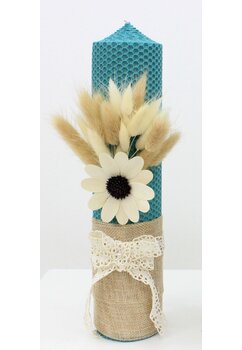 Lumanare botez, tip fagure, din ceara naturala, cu floricica, turcoaz, 30cm