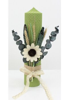 Lumanare botez, tip fagure, din ceara naturala, cu floricica, verde, 30cm