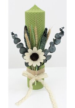Lumanare botez, tip fagure, din ceara naturala, cu floricica, verde, 30cm