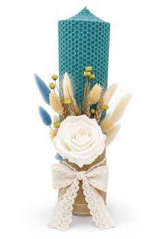 Lumanare botez, tip fagure, din ceara naturala, cu fundita, turcoaz, 30cm