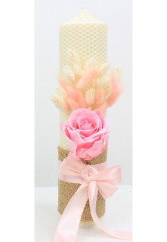 Lumanare botez, tip fagure, din ceara naturala, cu trandafir, crem, 30cm