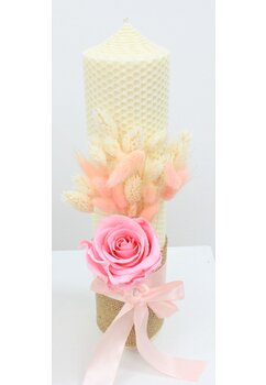 Lumanare botez, tip fagure, din ceara naturala, cu trandafir, crem, 30cm