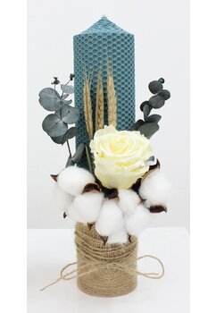 Lumanare botez, tip fagure, din ceara naturala, cu trandafir, turcoaz, 30cm