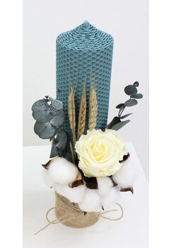Lumanare botez, tip fagure, din ceara naturala, cu trandafir, turcoaz, 30cm