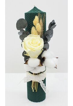 Lumanare botez, tip fagure, din ceara naturala, cu trandafir, verde, 30cm