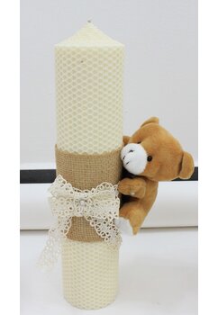 Lumanare botez, tip fagure, din ceara naturala, ursulet, crem, 30cm