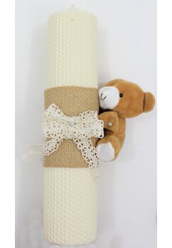 Lumanare botez, tip fagure, din ceara naturala, ursulet, crem, 30cm
