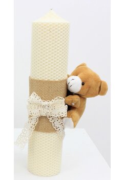 Lumanare botez, tip fagure, din ceara naturala, ursulet, crem, 30cm