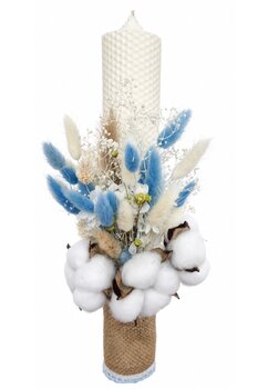 Lumanare, tip fagure, din ceara naturala, cu flori criogenate si bumbac, ivory, 35 cm