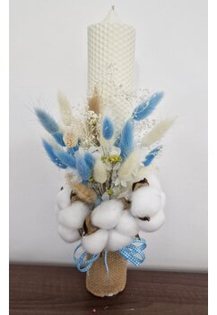 Lumanare, tip fagure, din ceara naturala, cu flori criogenate si bumbac, ivory, 35 cm