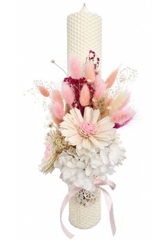 Lumanare, tip fagure, din ceara naturala, Iris,cu flori criogenate, ivory, 35 cm