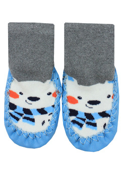 Mocasini, 80% bumbac, Ursul polar, gri cu albastru